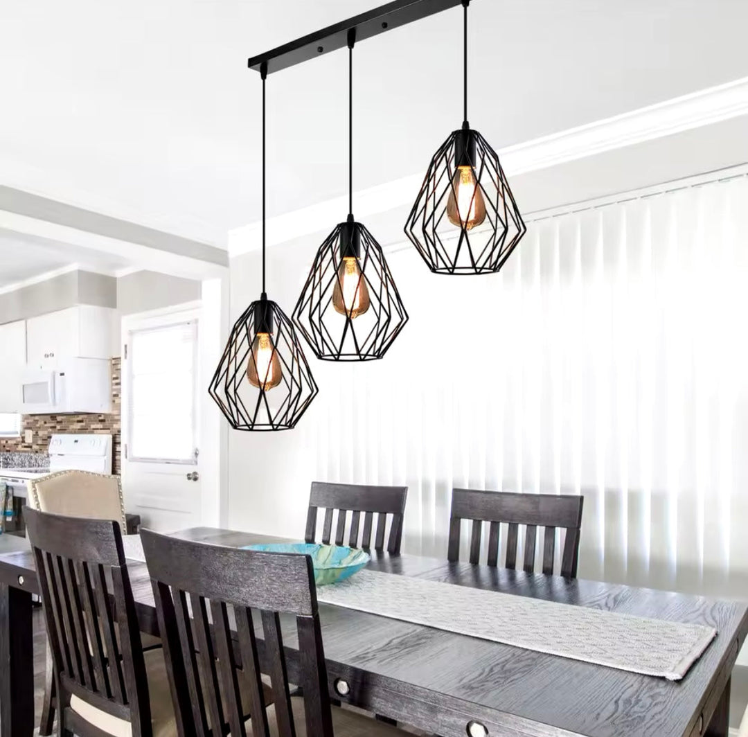 Industrial Triple Pendant Light with Geometric Shades