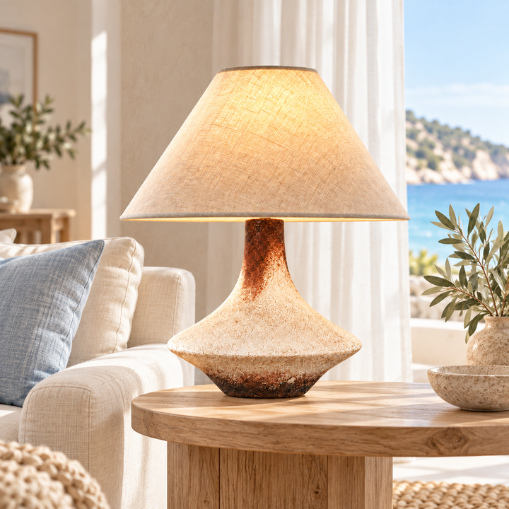 Sculptural terracotta-toned table lamp with a beige fabric shade on a wooden side table