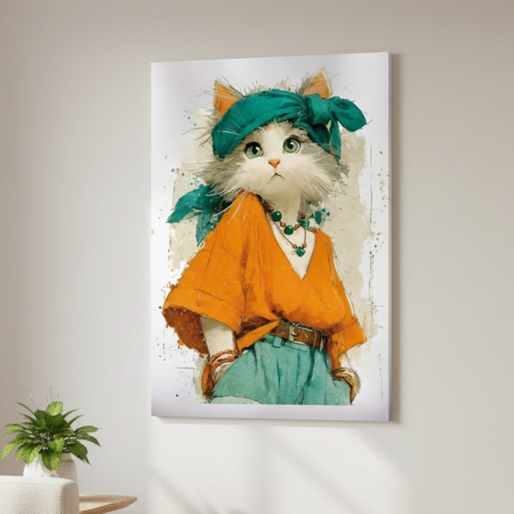 Stylish cat character canvas wall art with orange blouse and teal headscarf in modern playful style
