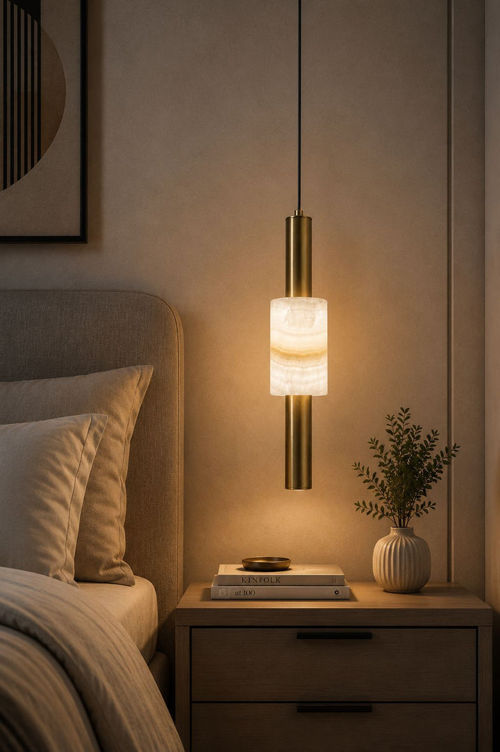 Modern Brass and Alabaster Cylinder Pendant Light