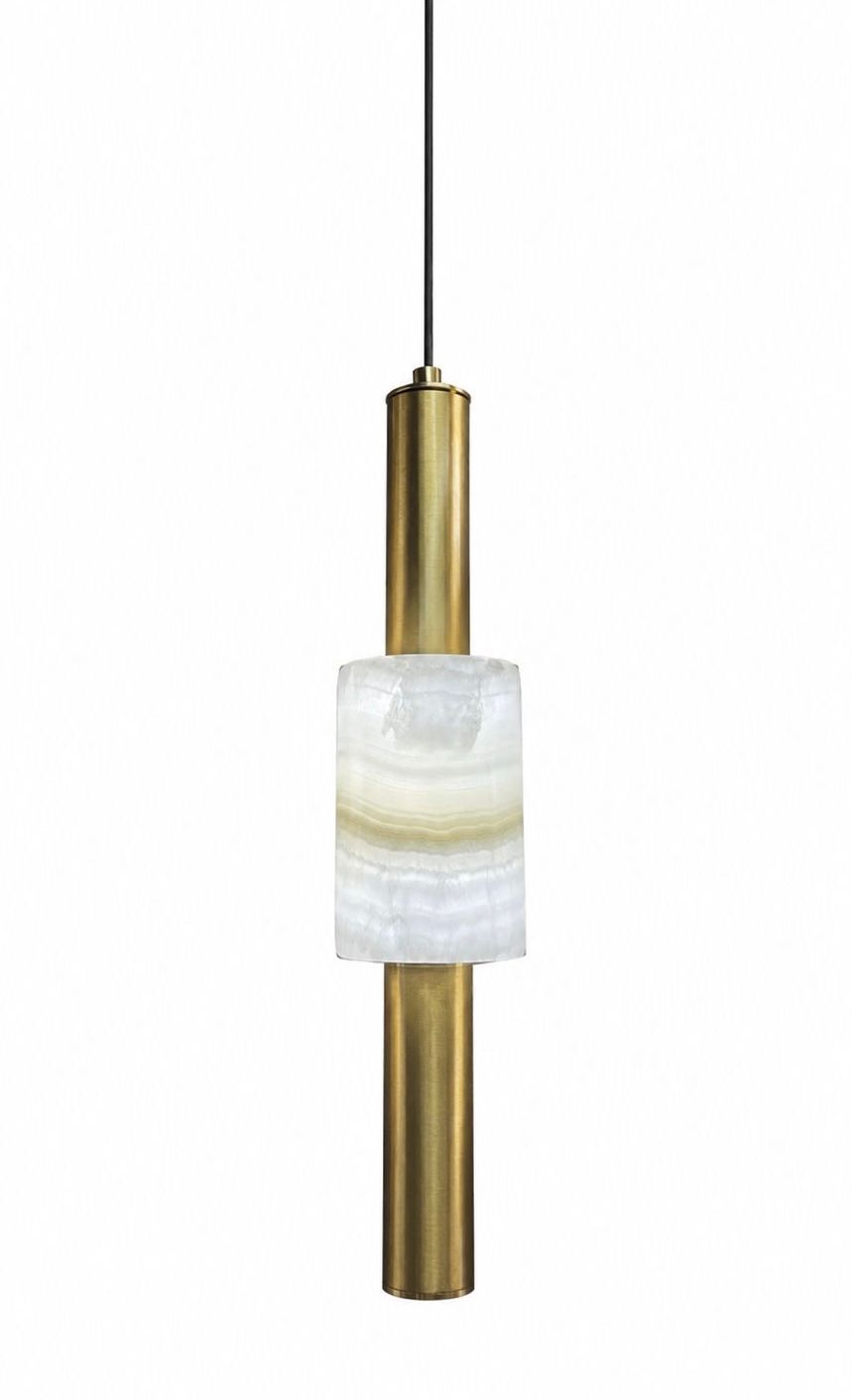 Modern Brass and Alabaster Cylinder Pendant Light