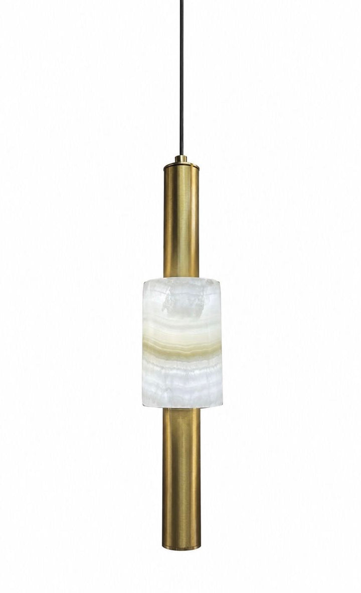 Modern Brass and Alabaster Cylinder Pendant Light