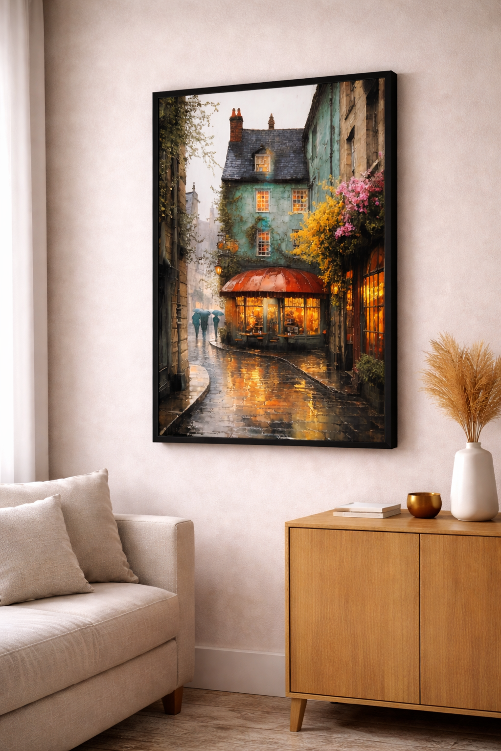 Rainy Cafe Street Canvas Art