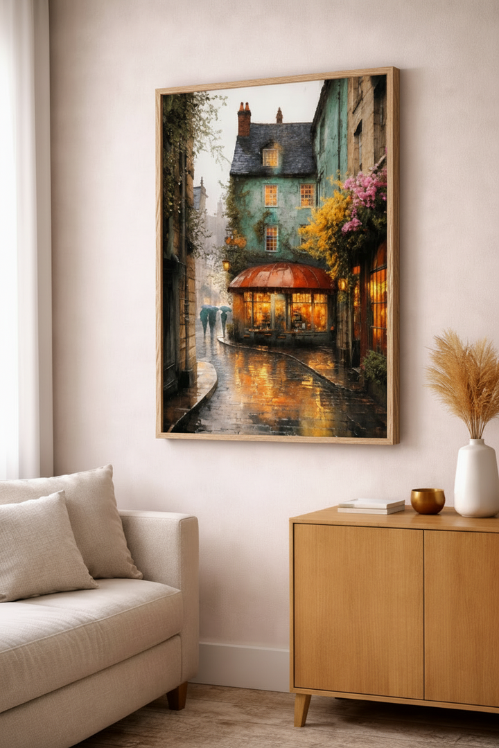Rainy Cafe Street Canvas Art