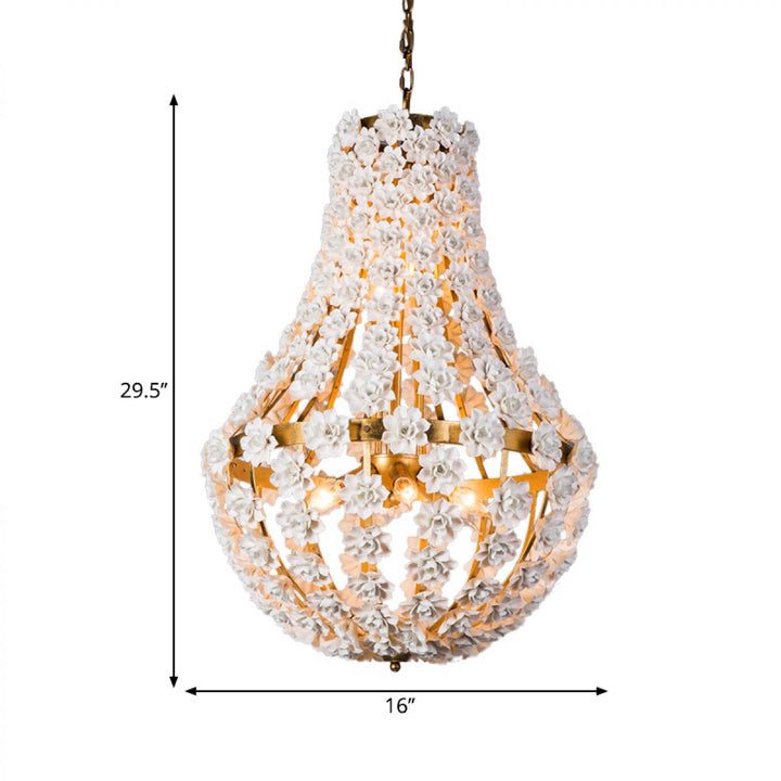 White Floral Ceramic Gold-Accent Chandelier