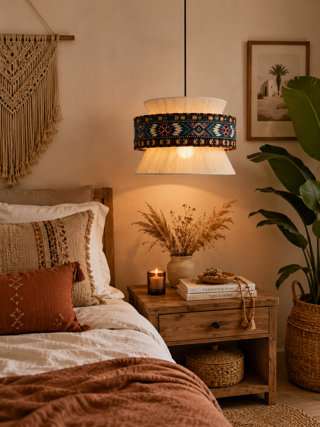 Bohemian Blue Pattern Fabric Drum Pendant Light