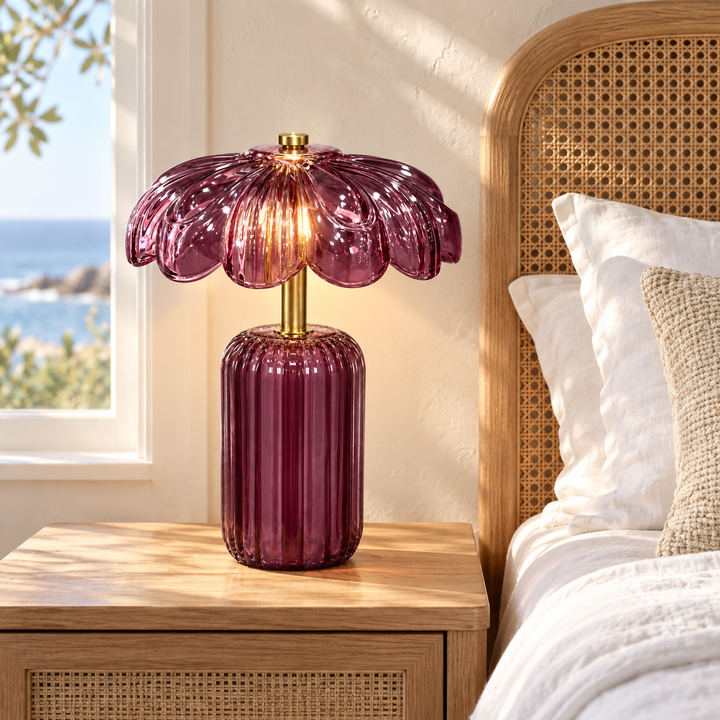 Burgundy Glass Flower Table Lamp