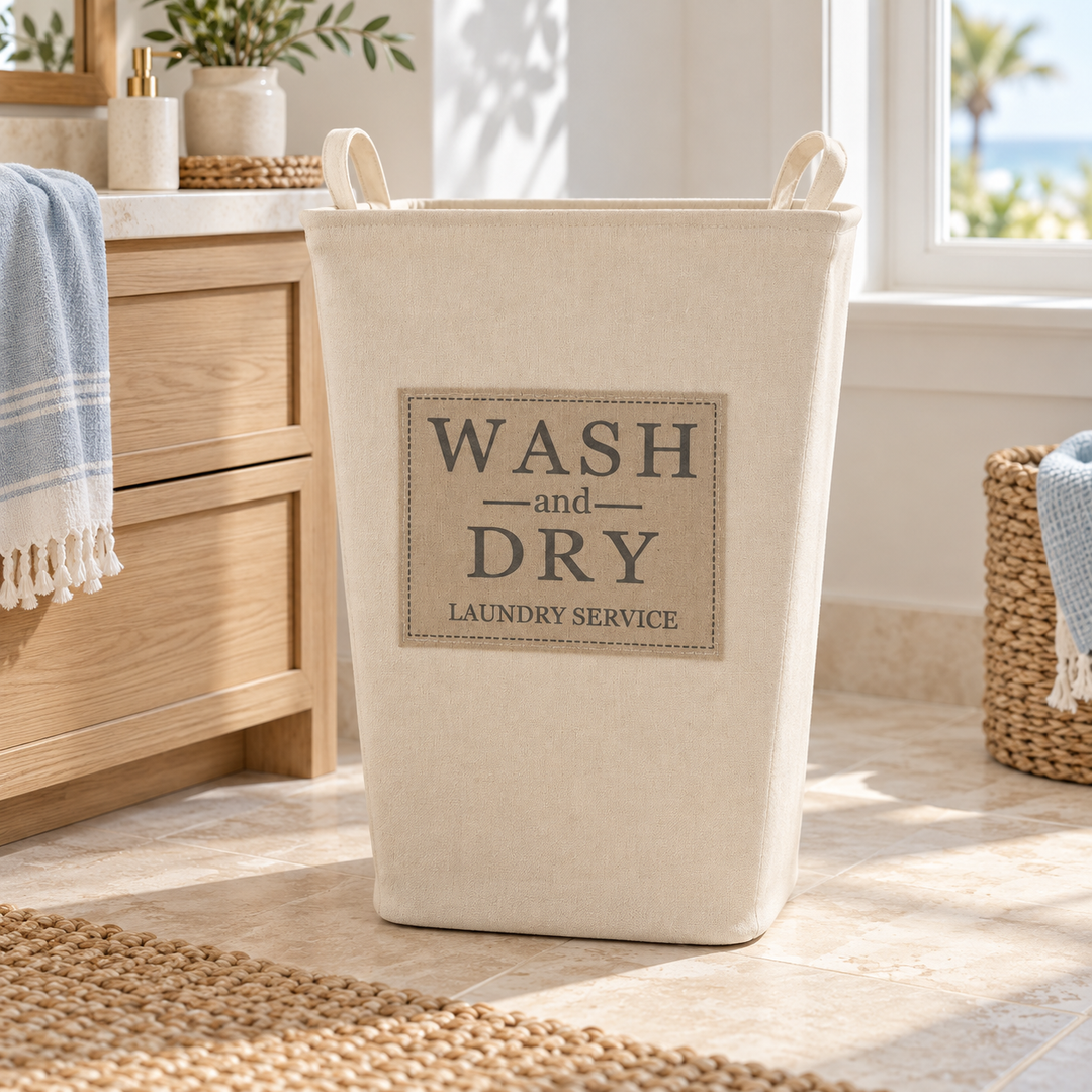 Beige fabric laundry hamper with loop handles and a “Wash and Dry” label beside a bathroom vanity