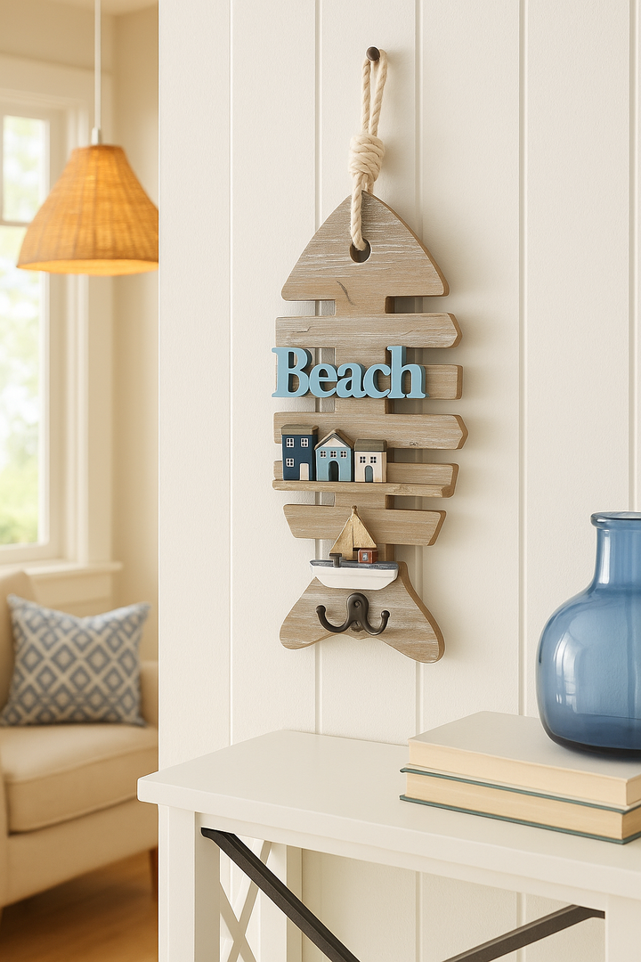 Wooden Beach Wall Hook with Nautical Design
