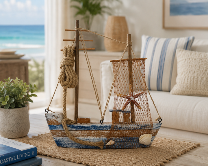 Handcrafted Coastal Wooden Sailboat Decorative Figurine