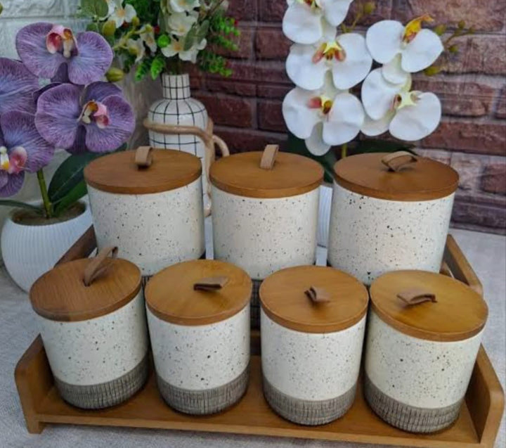 Ceramic Spice Jar Set with Wooden Tray