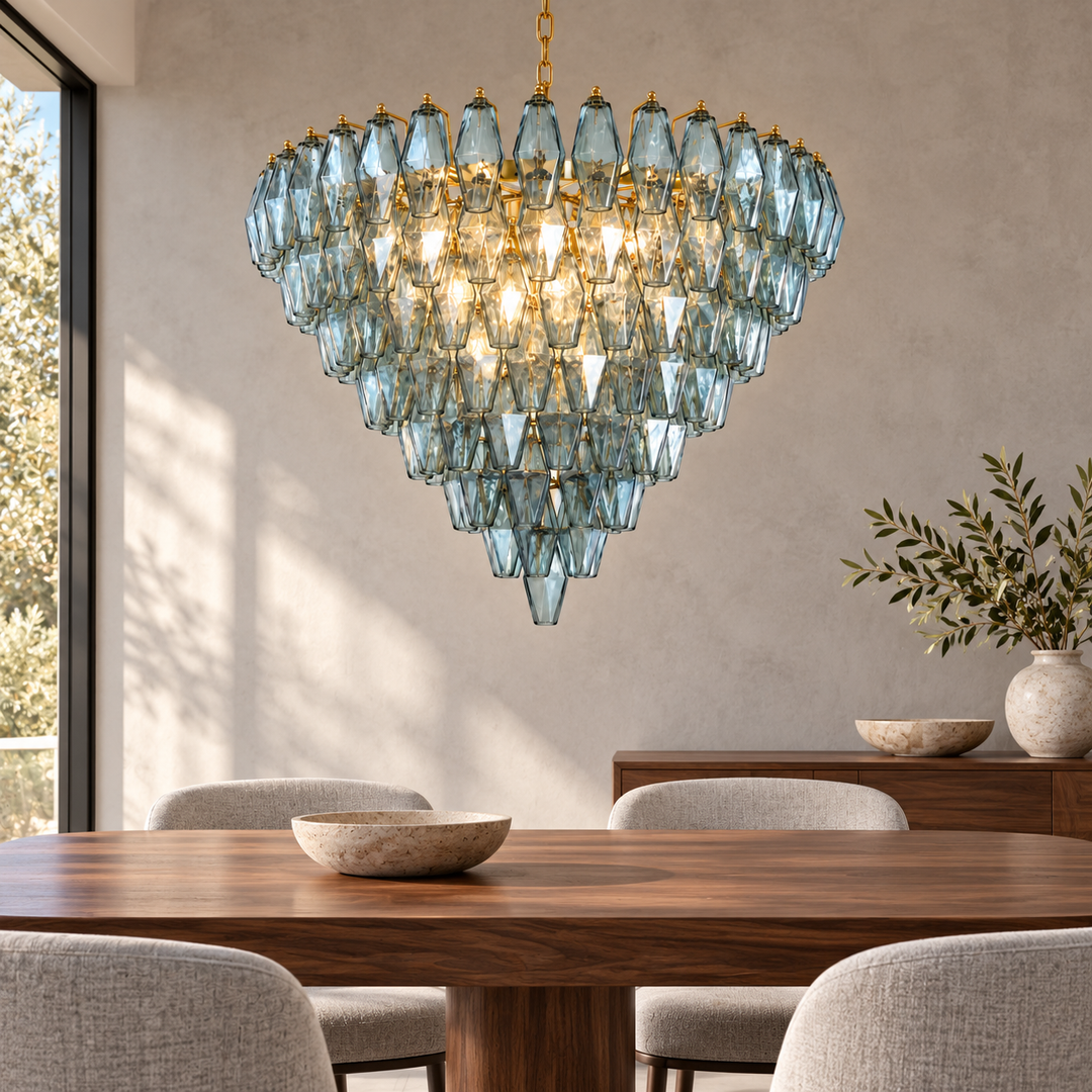 Blue Glass Crystal Chandelier with Gold Finish