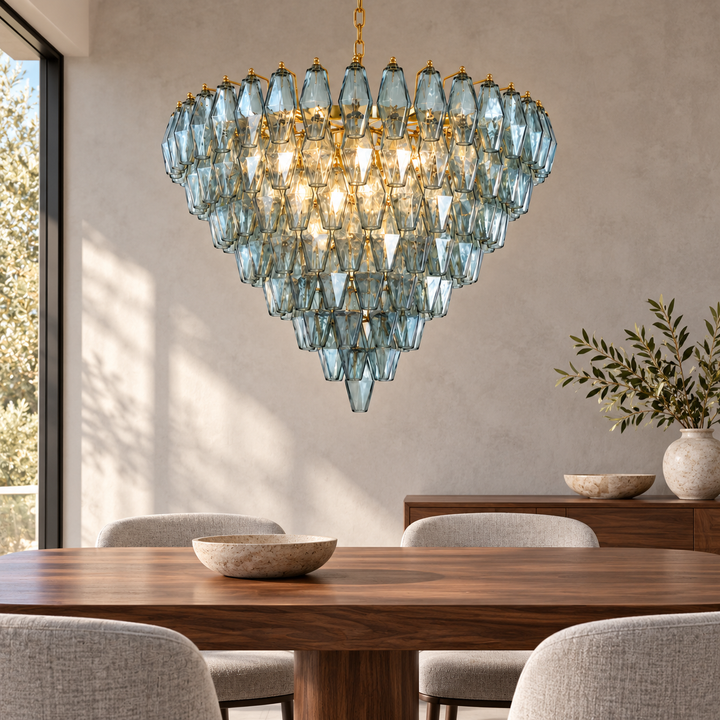 Blue Glass Crystal Chandelier with Gold Finish