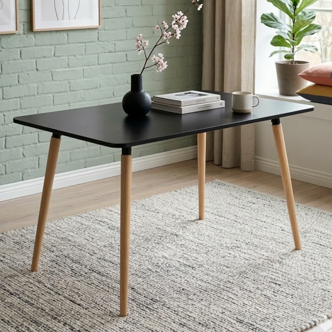 Modern rectangular dining table with MDF top, metal chassis, and beech wood legs in Scandinavian style