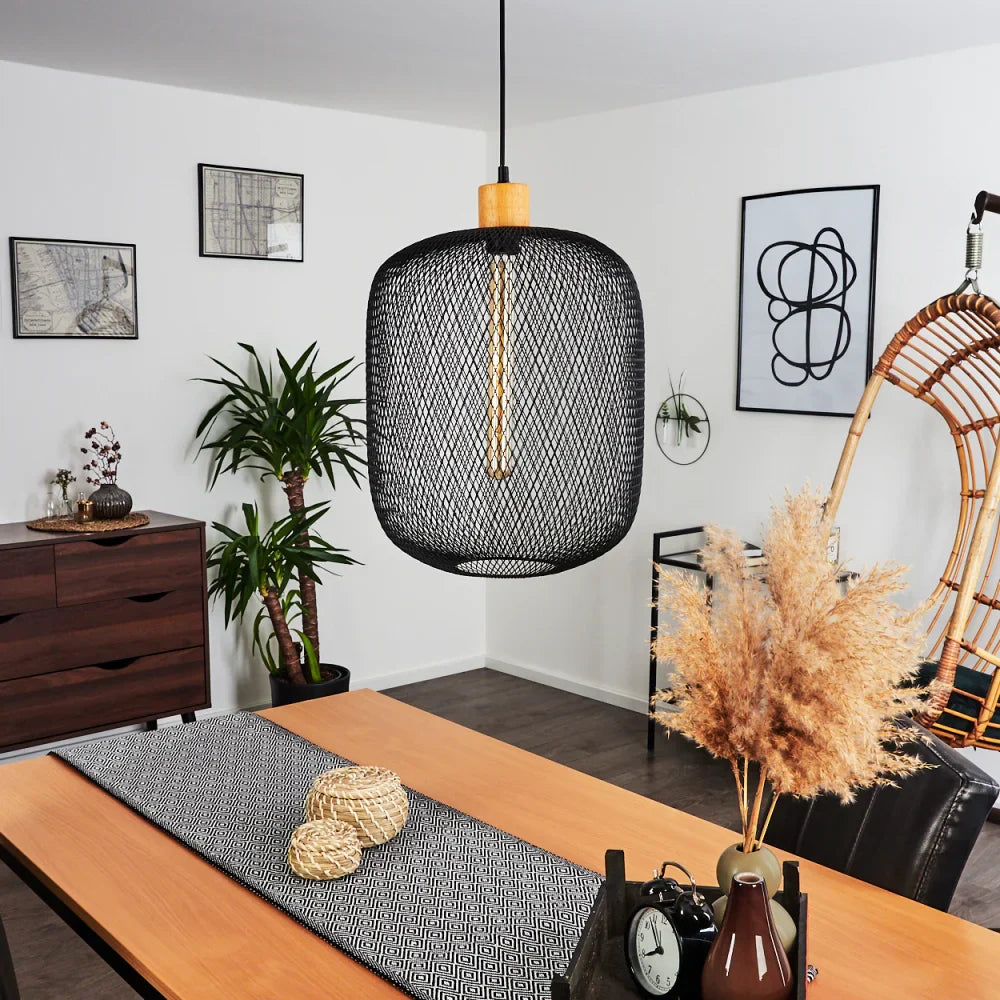 Industrial Mesh Pendant Light with Wooden Accent