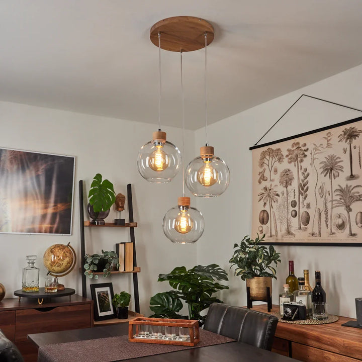 Rustic Clear Glass Globe Pendant Light Trio with Wood Accents