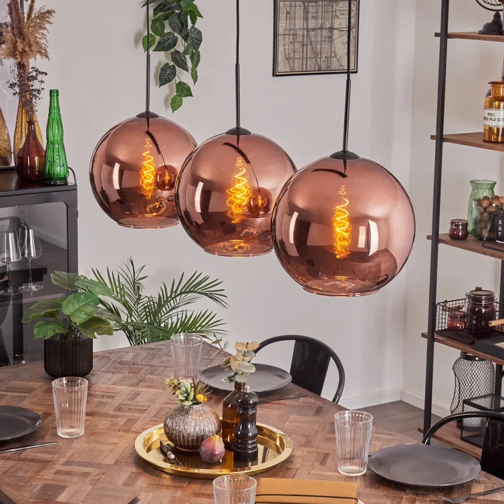 Modern Rose Gold Glass Globe Pendant Light Trio