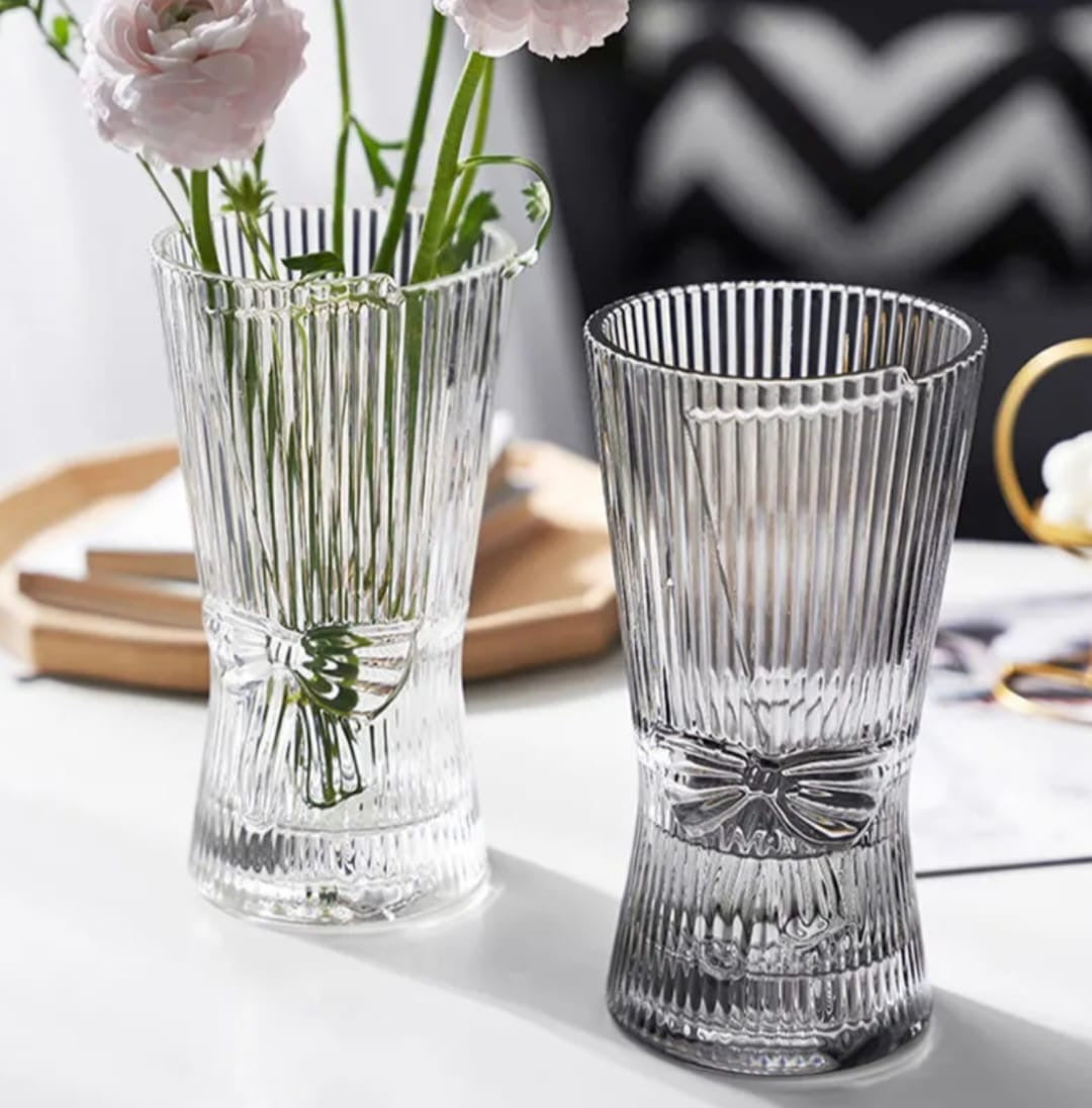 Ribbed Glass Vase with Bow Design