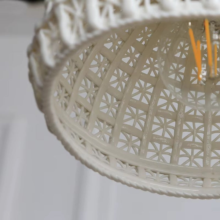 White Ceramic Textured Dome Pendant Light with Brass Detail
