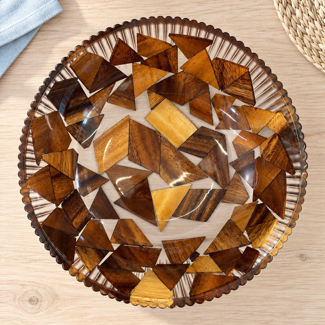 A decorative bowl with a geometric design, inlaid with wood.
