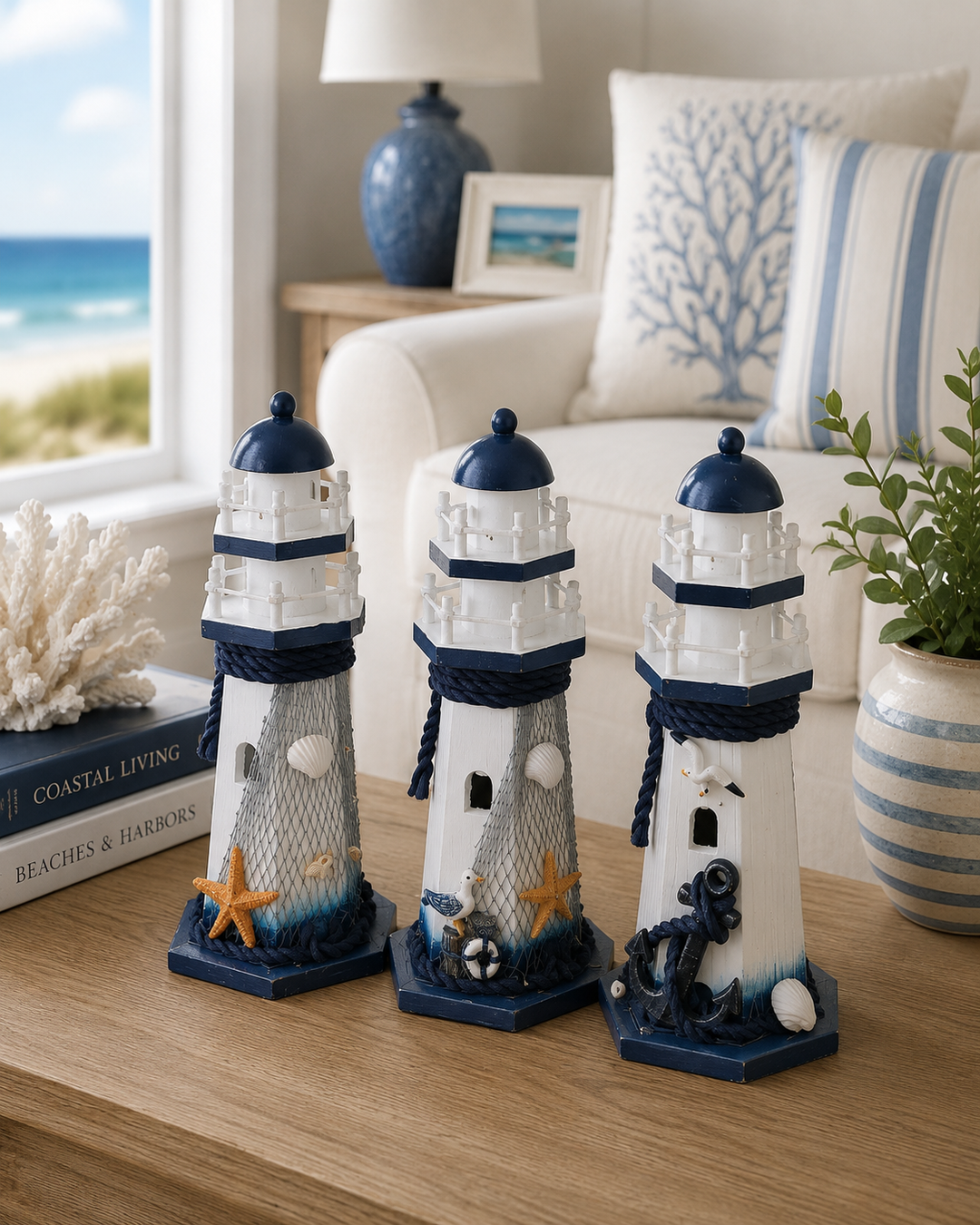 Nautical Ocean Metal Lighthouse Figurine with Fishing Net and Shells