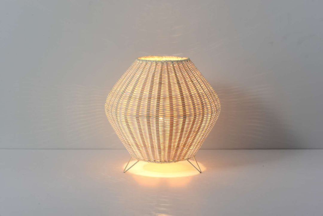 Rustic Woven bamboo Table Lamp with Ambient Light Pattern Effect