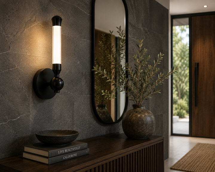 Modern Brass & Black Globe Wall Sconce with Opal Glass Diffuser