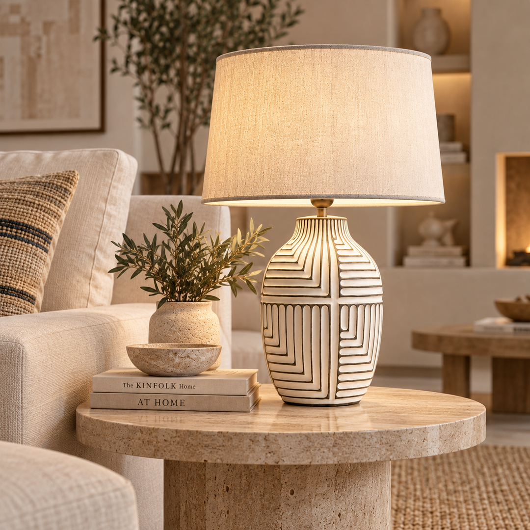 Cream Geometric Ceramic Table Lamp