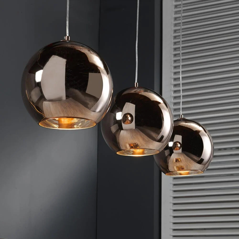 Contemporary Copper Globe Pendant Light Trio