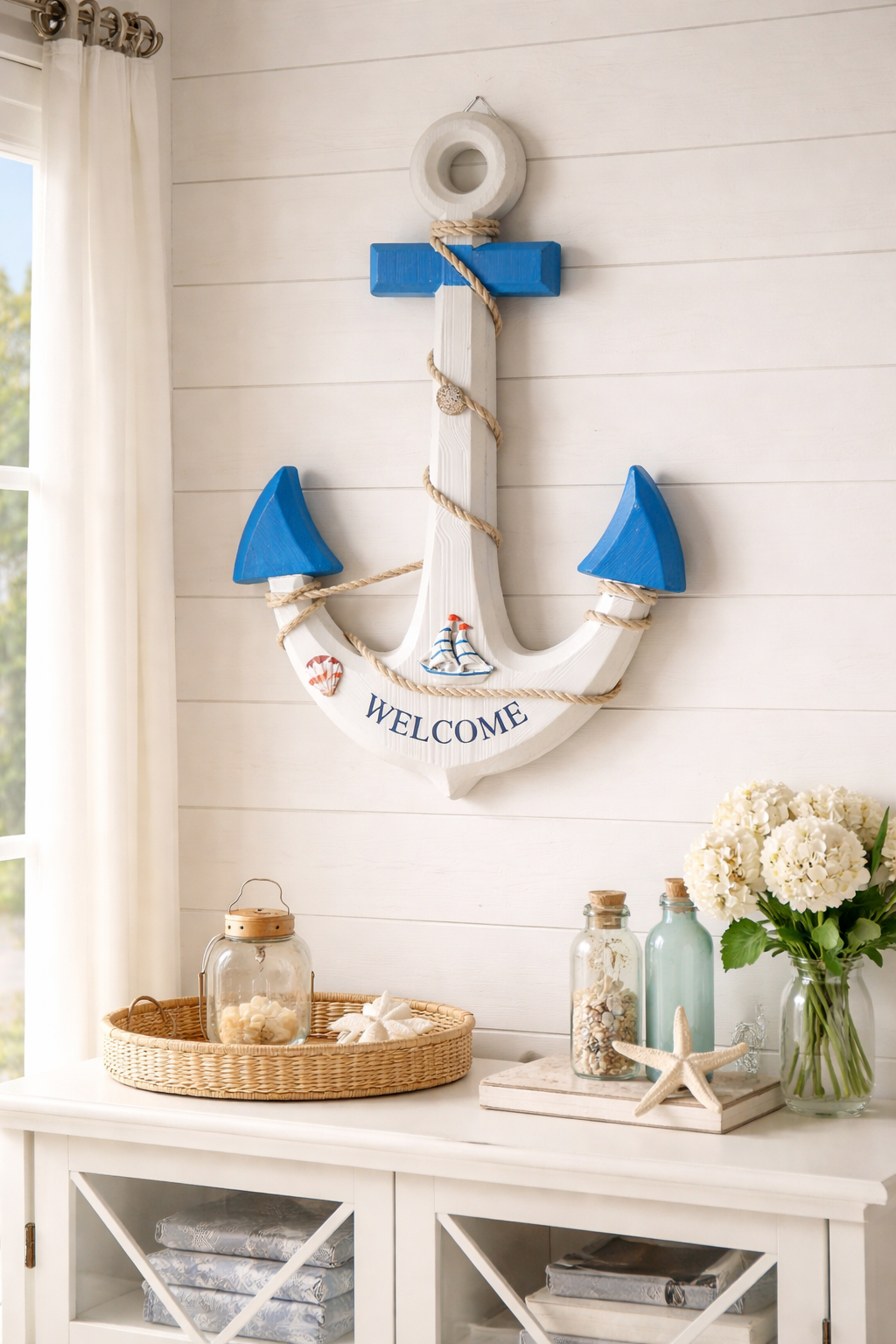 Large welcome anchor wall decor with nautical accents