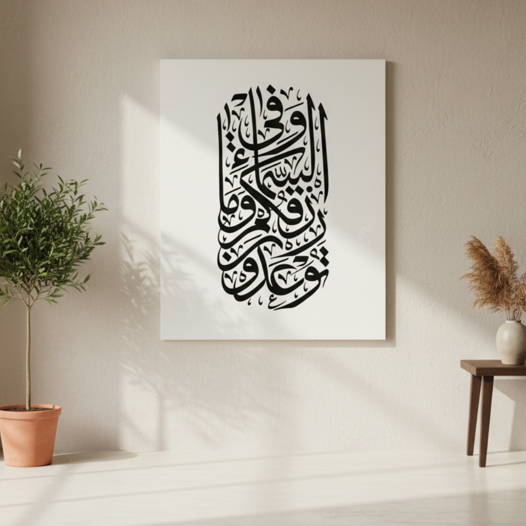 Modern Arabic calligraphy canvas art with black calligraphy on neutral background in MDF frame