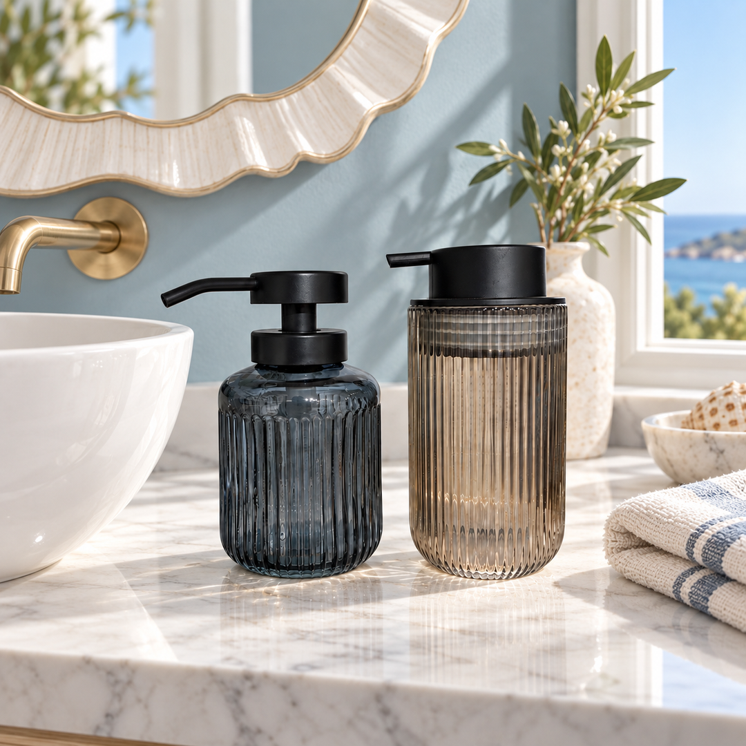 Ribbed Glass Bathroom Soap Dispenser Set  of 2“ Black & Amber