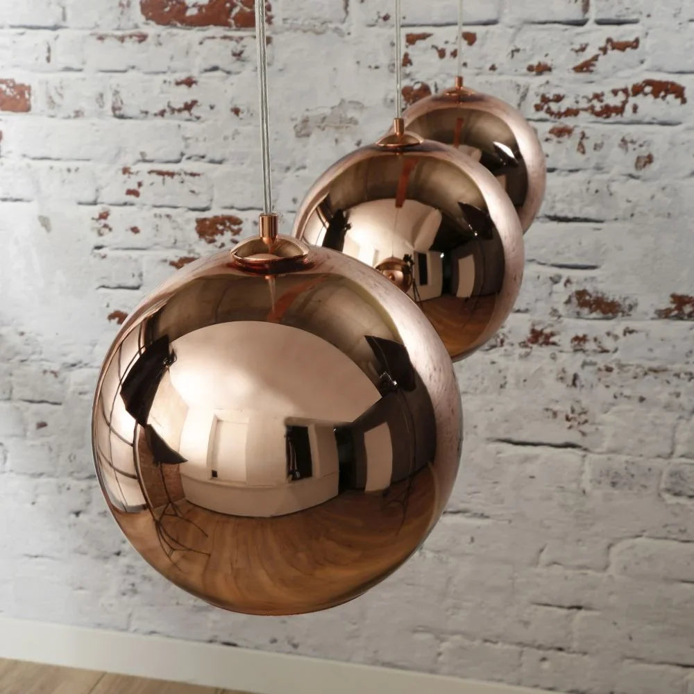 Contemporary Copper Globe Pendant Light Trio