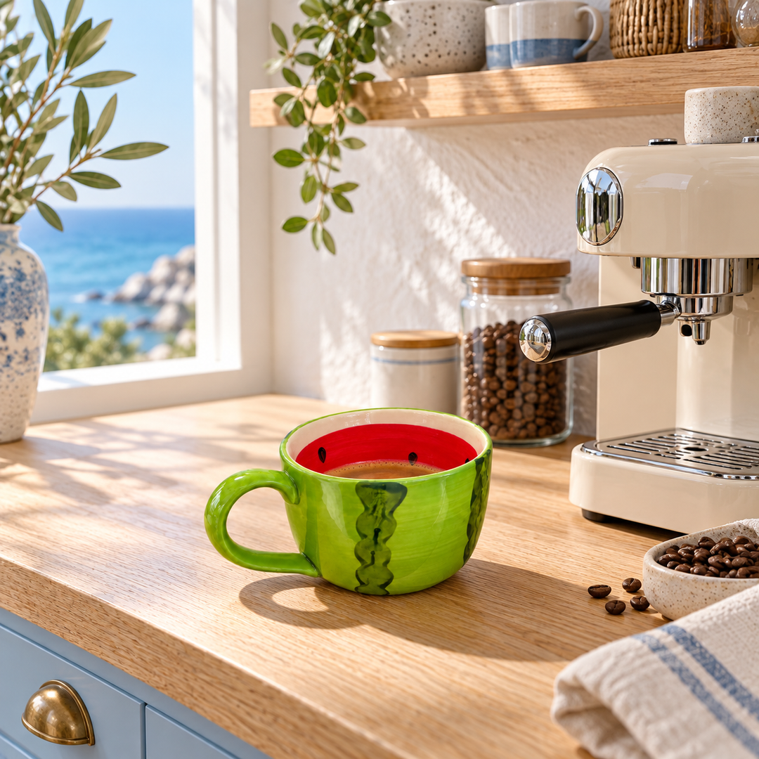 Green ceramic mug with a red watermelon-inspired interior and dark seed details on a kitchen countertop