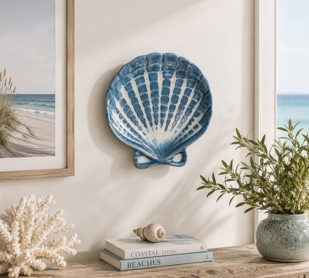 Blue Glazed Ceramic Seashell Wall Sculpture