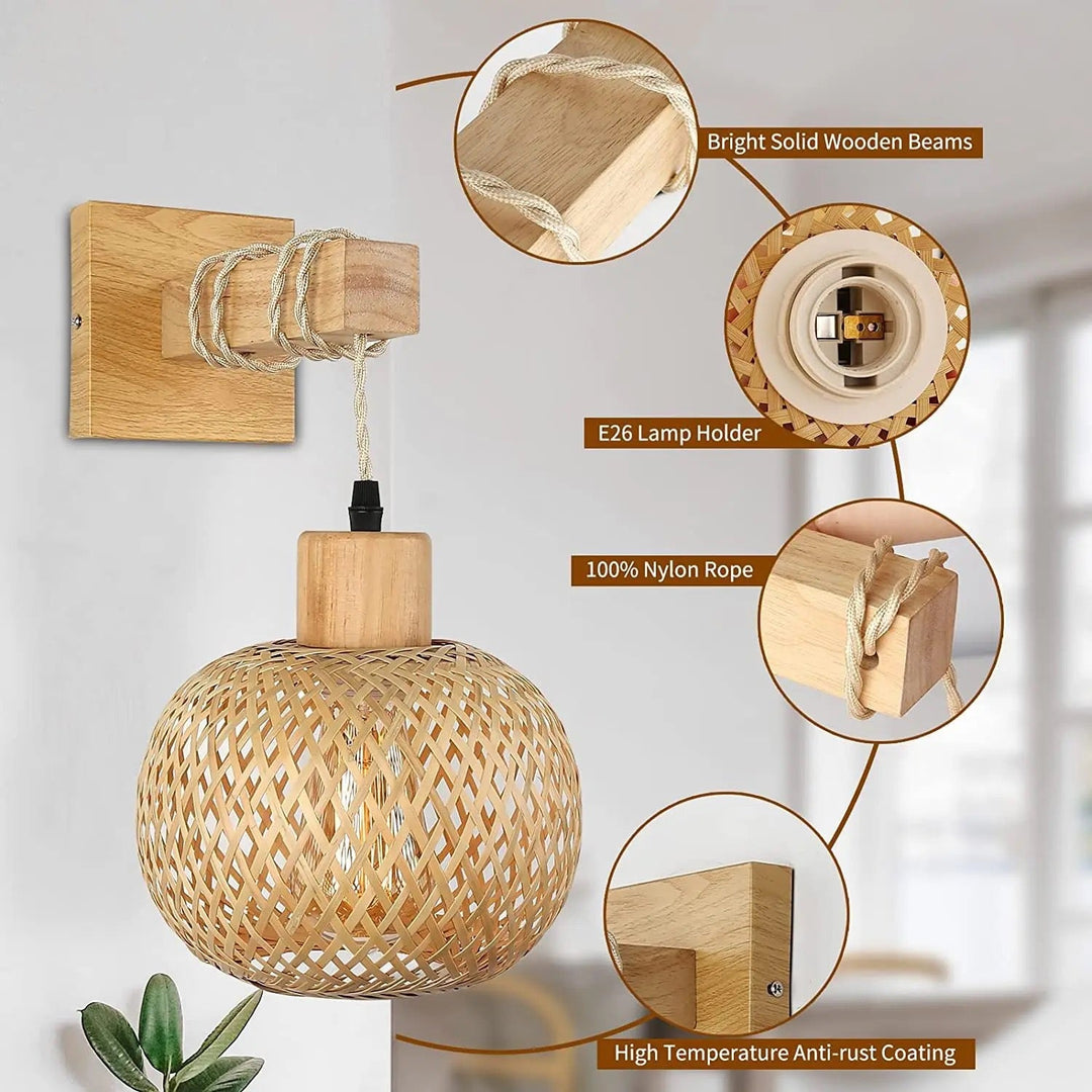 Rustic Wall Light with Woven Rattan Shade