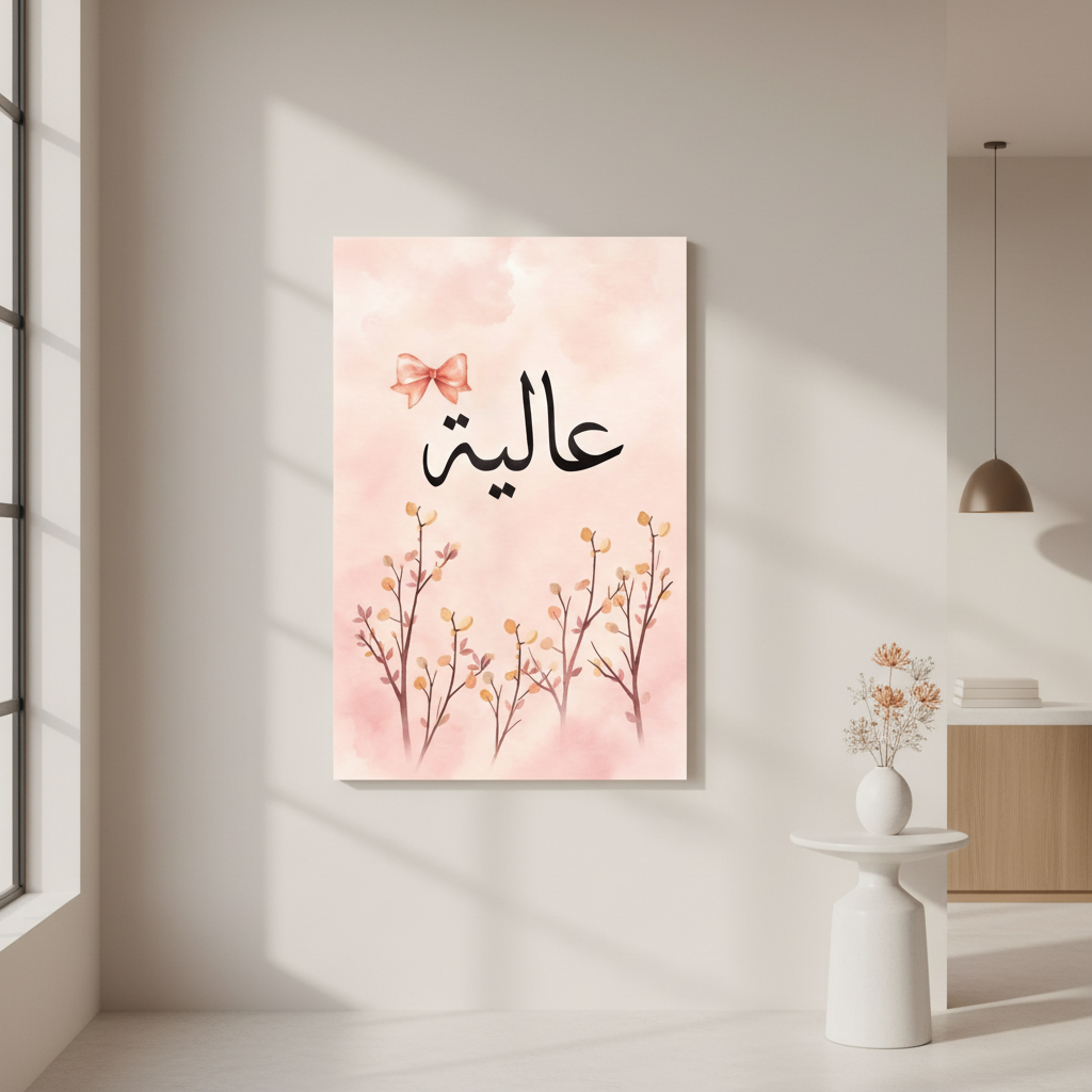 Aliya Arabic Name floral canvas art with pink watercolor background and delicate branches