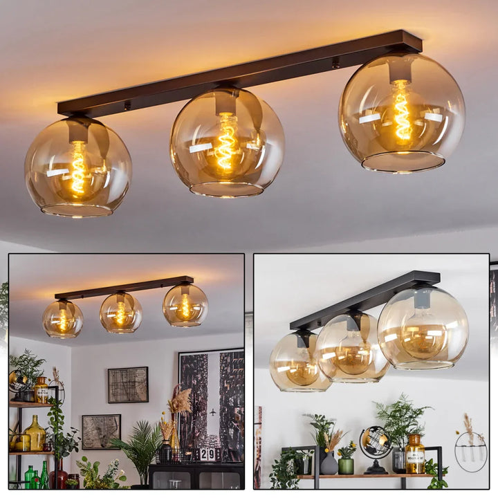 Modern Amber Glass Globe Ceiling Light - Triple Bar Design