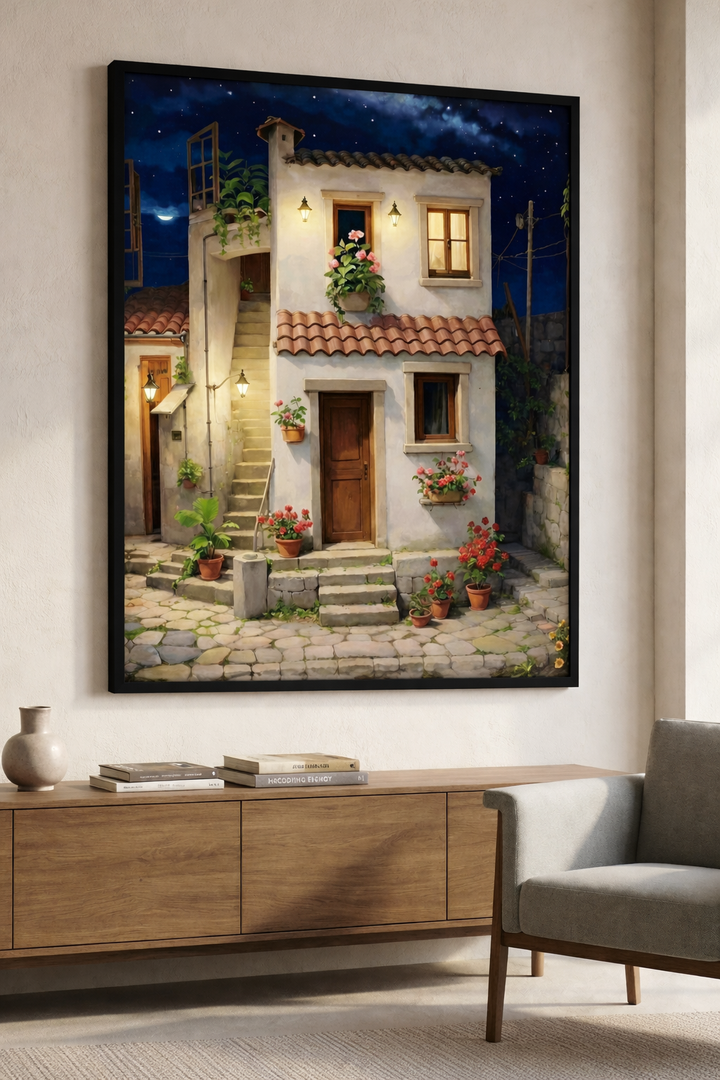 Mediterranean Courtyard Night Framed Art