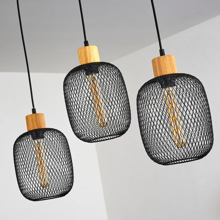 Industrial Mesh Pendant Light with Wooden Accent