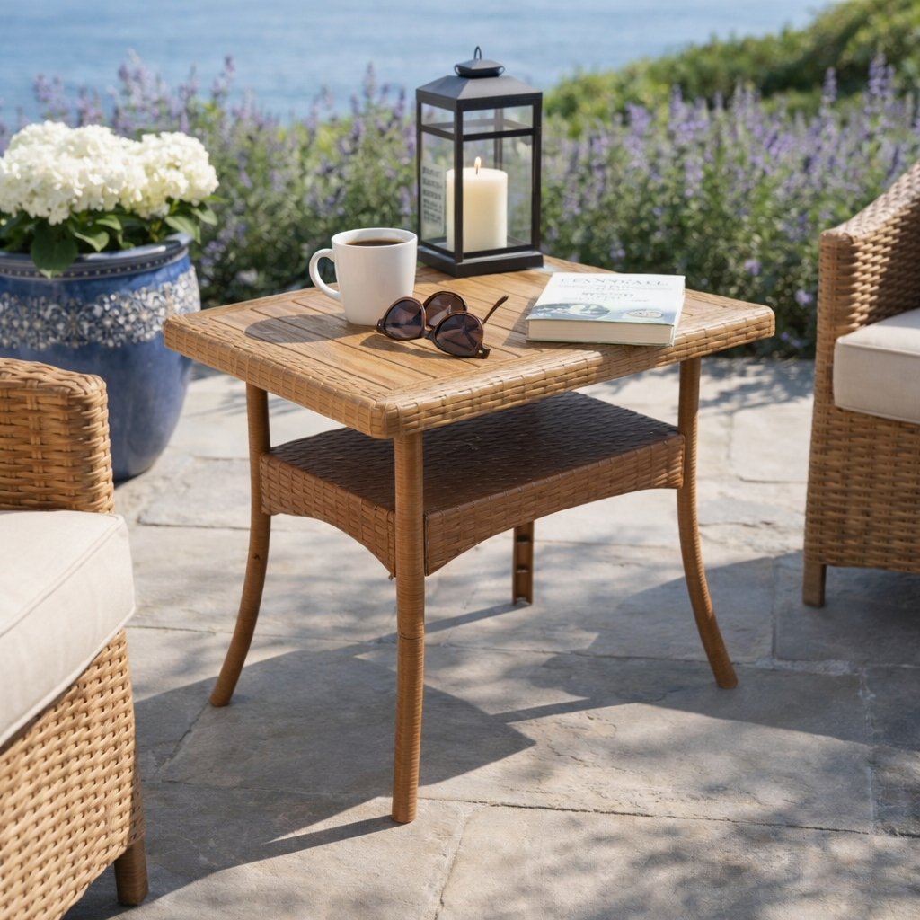 Woven Outdoor Side Table with Shelf