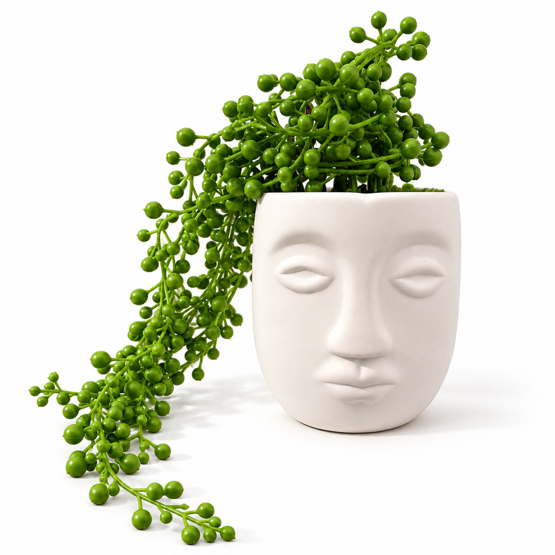 Sculptural Face Planter with Artificial Trailing String of Pearls