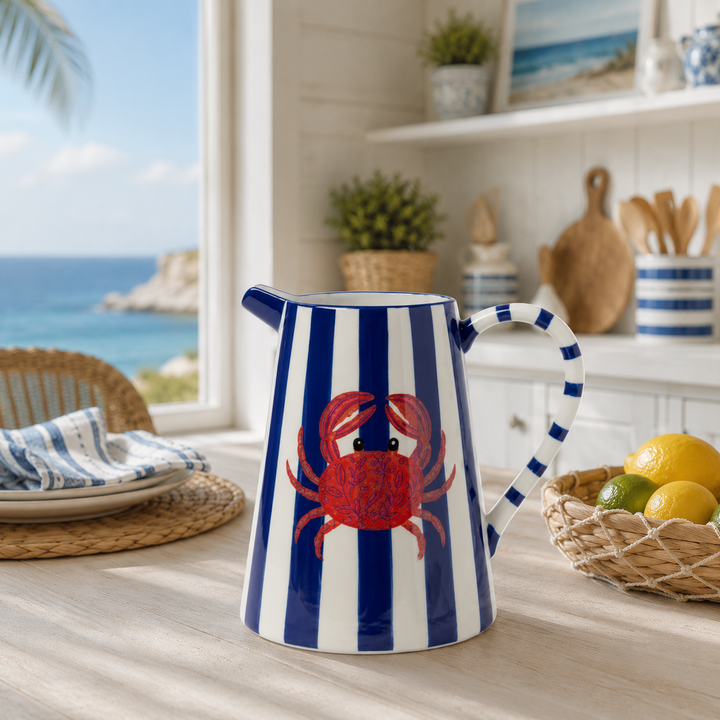 Coastal Striped Ceramic Pitcher with Crab Motif