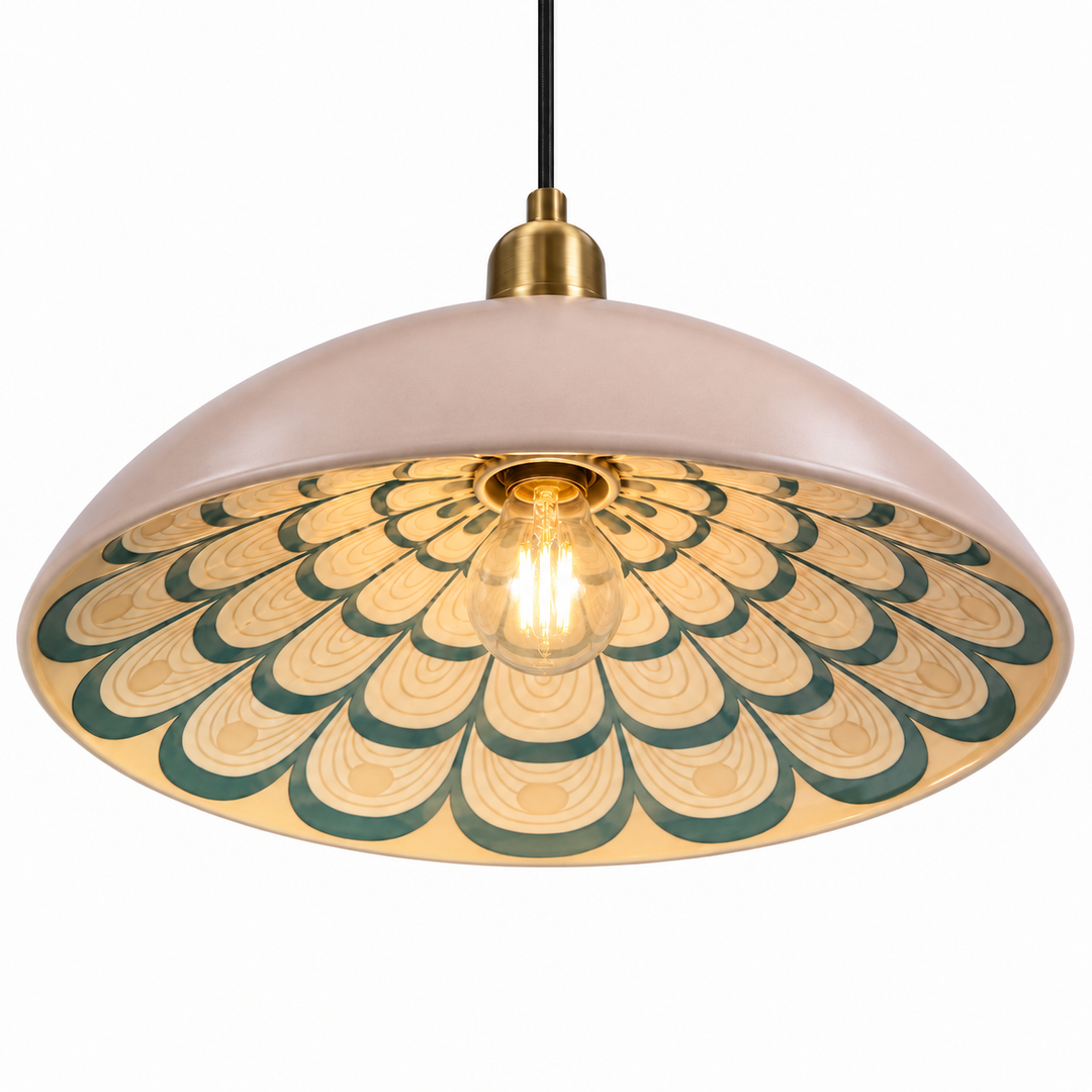 Vintage blush pink pendant light with an ornate green-and-gold patterned underside