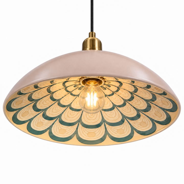 Vintage blush pink pendant light with an ornate green-and-gold patterned underside