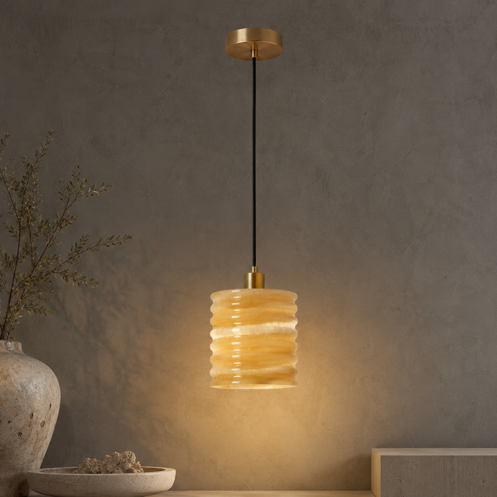 Modern Amber Ribbed Glass Pendant Light