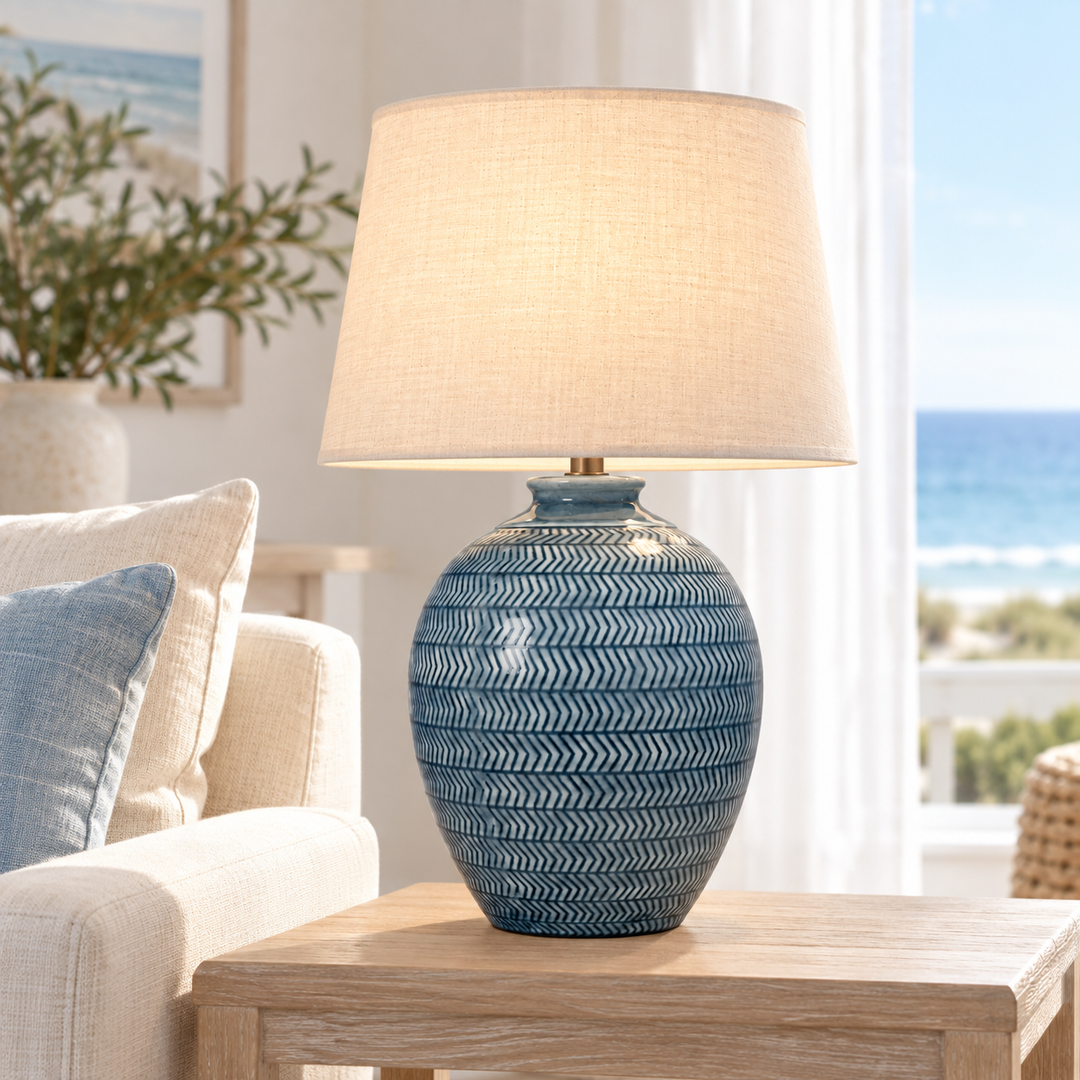 Blue Patterned Ceramic Table Lamp with Linen Shade