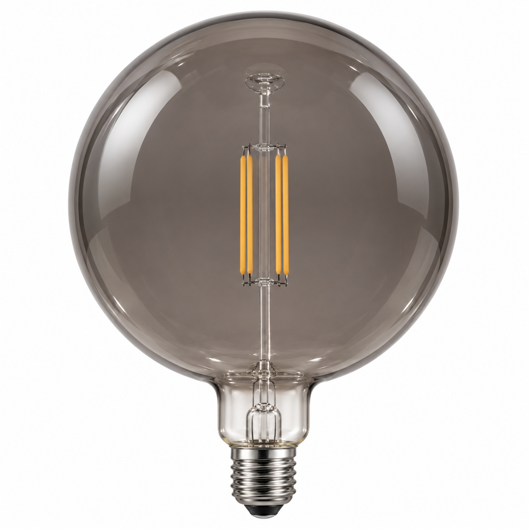 Large smoke-gray globe bulb with visible vertical filaments and a metal screw base