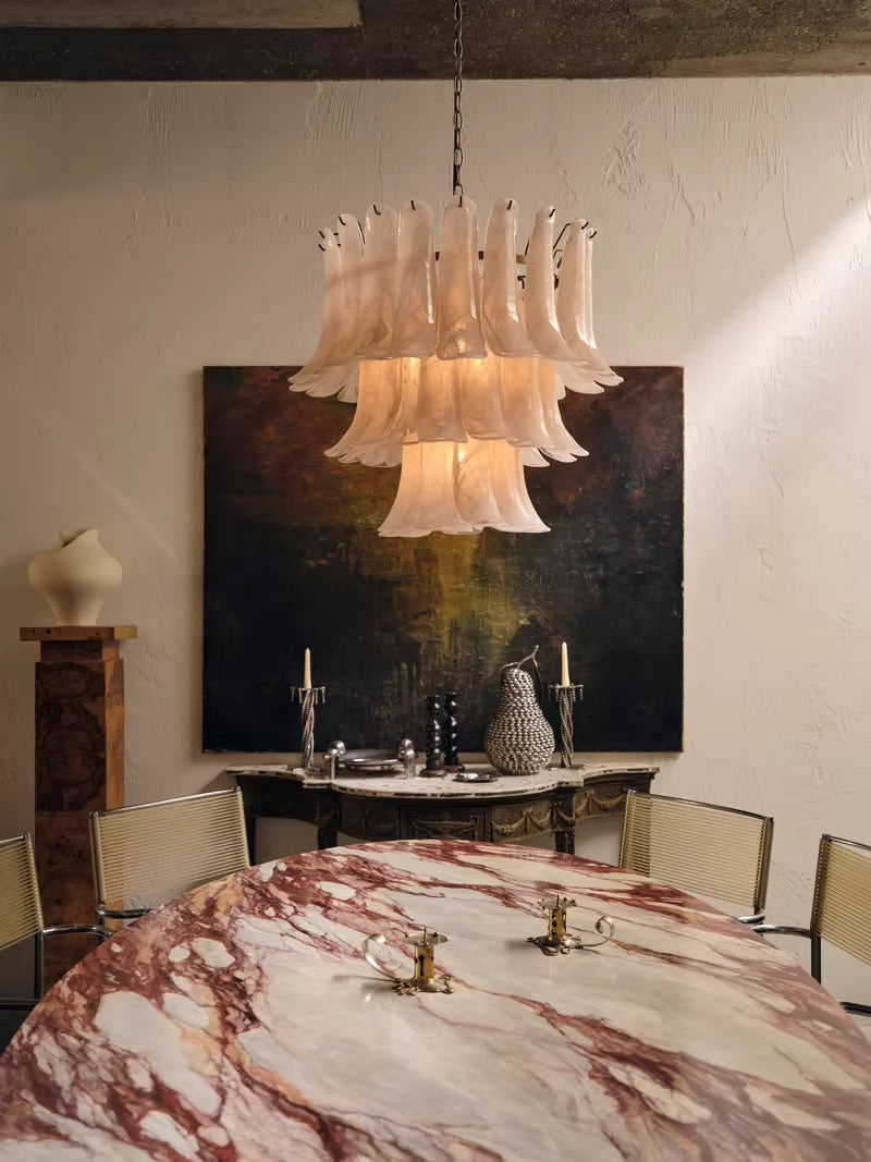 Ivory Petal Glass Chandelier with Bronze Chain