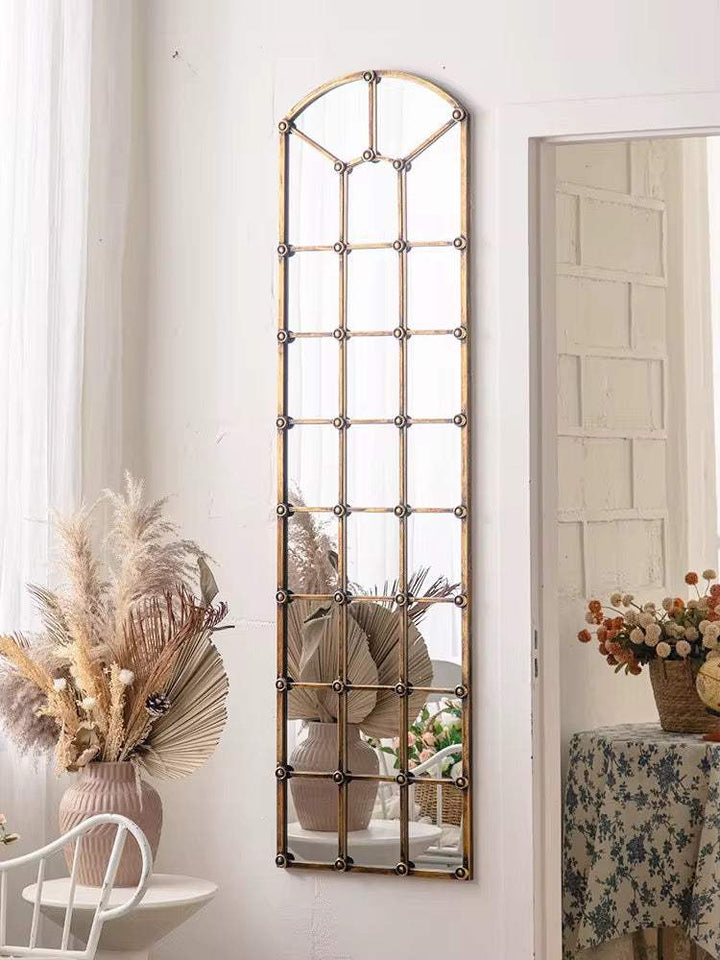 Vintage Bronze Arched Windowpane Wall Mirror